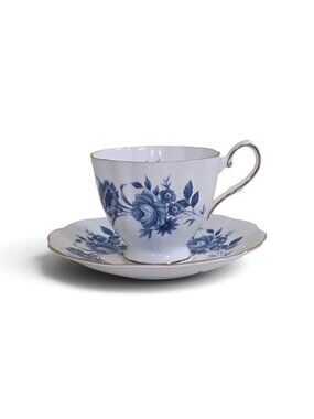 Vintage Sandringham English Bone China Teacup & Saucer Set Blue Roses Gold Trim